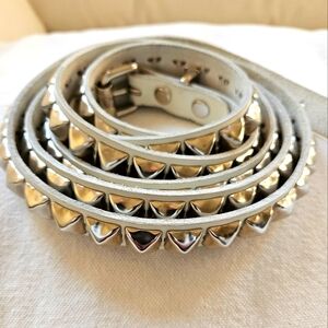 Double Wrap White Leather, Silver Single Pyramid, Studded Belt